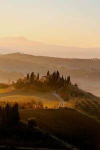 2 Tuscan Countryside Aesthetic Landscape sunrise San Quirico d’Orcia, Italy