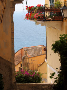 12 Colorful Flowers on a Balcony, View of the Sea – Cervo, Liguria, Italy