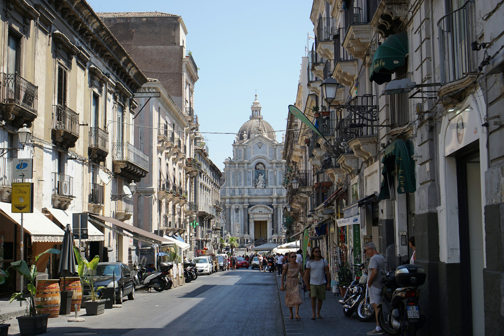 City street in Catania, Sicily, Italy