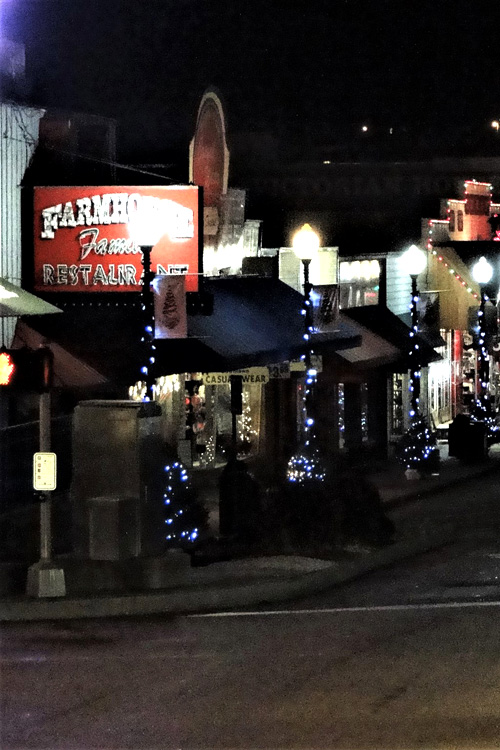 Branson, Missouri, USA, old downtown with Christmas lights